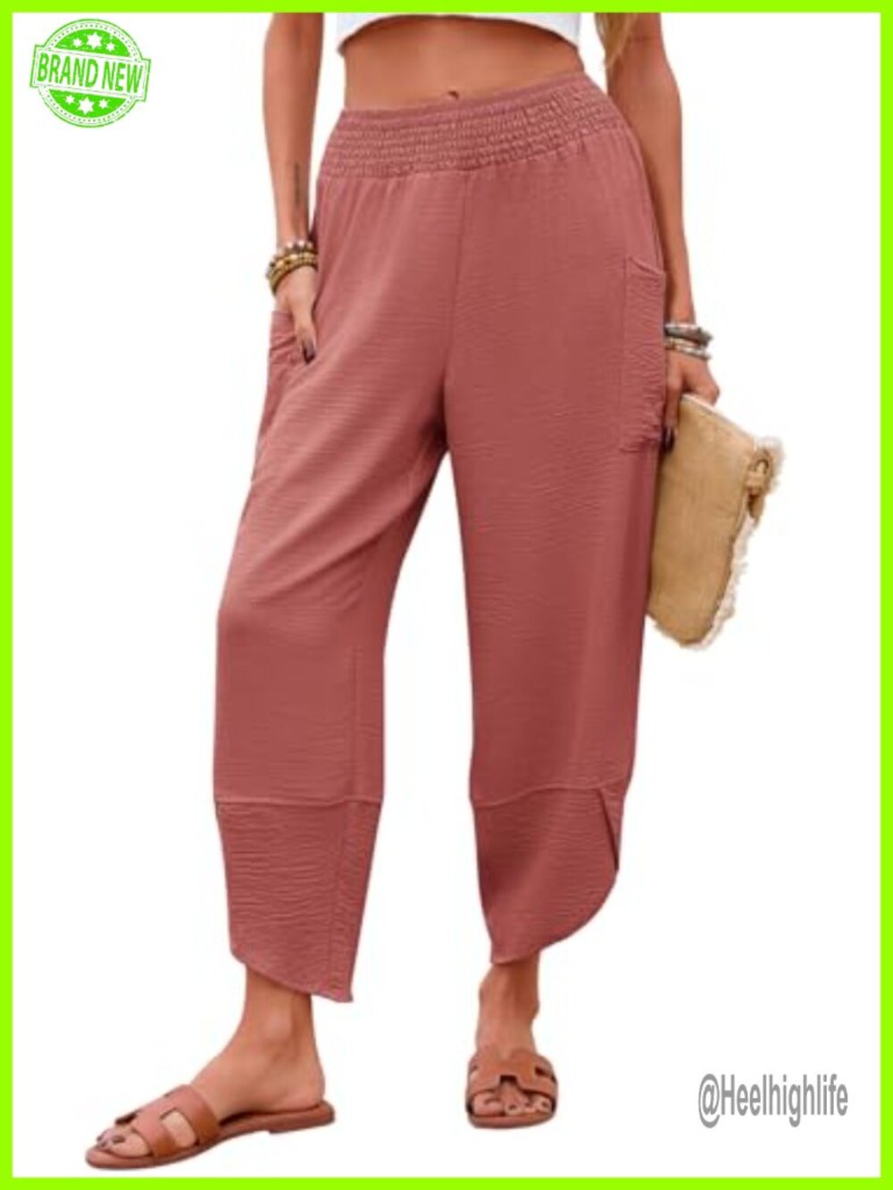 Womens Palazzo Capri Pants Casual Smocked Waist Cropped Wide Leg Harem Pockets